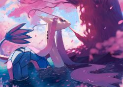 Rule 34 | artist name, blurry, blurry background, blurry foreground, cherry blossoms, creatures (company), falling petals, fish, game freak, gen 3 pokemon, highres, milotic, nintendo, no humans, partially submerged, petals, pokemon, pokemon (creature), rongai28, snake, solo, tree, water