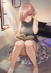 Rule 34 | 1girl, alternate costume, bag, bare legs, barefoot, blush, book, bookshelf, breasts, casual, closed mouth, commentary, curtains, fate/grand order, fate (series), floral print, grey sweater, hair over one eye, tucking hair, handbag, highres, holding, holding book, indoors, knees together feet apart, large breasts, looking at viewer, mash kyrielight, mashuu (neko no oyashiro), on bed, pink hair, purple eyes, ribbed sweater, short hair, signature, sitting, skirt, smile, solo, sweater, sweater vest, turtleneck, turtleneck sweater, twitter username, white skirt, wind, window