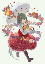 Rule 34 | 1girl, ascot, black footwear, boots, closed mouth, collared shirt, cross-laced footwear, eyebrows hidden by hair, flower, frilled shirt collar, frilled skirt, frills, full body, green hair, grey background, highres, holding, holding umbrella, kazami yuuka, leaf, long sleeves, looking at viewer, masakichi (mmw), medium hair, official art, petals, plaid, plaid skirt, plaid vest, purple flower, red eyes, red flower, red skirt, red vest, shirt, simple background, skirt, skirt set, smile, solo, strange creators of outer world, third-party source, touhou, umbrella, vest, white shirt, yellow ascot, yellow flower
