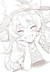 Rule 34 | 1girl, blush, bow, braid, dress, closed eyes, grin, hair ornament, hands on own cheeks, hands on own face, happy, hat, hat bow, k2isu, kirisame marisa, long hair, monochrome, raised eyebrows, shadow, short sleeves, side braid, sketch, smile, solo, teeth, touhou, witch hat