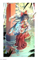 Rule 34 | 1girl, absurdres, ascot, bare shoulders, black hair, boqee, bow, brown eyes, closed mouth, detached sleeves, gohei, hair between eyes, hair bow, hair tubes, hakama, hakurei reimu, highres, holding, holding gohei, japanese clothes, long hair, navel, nontraditional miko, red bow, red hakama, ribbon-trimmed sleeves, ribbon trim, sidelocks, sitting, solo, touhou, white sleeves, wide sleeves, yellow ascot