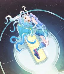 Rule 34 | 1girl, blue hair, boots, eihi, floating hair, gradient hair, knee boots, light smile, looking at viewer, looking back, multicolored hair, original, shorts, skirt, solo, space, yellow eyes, zero gravity