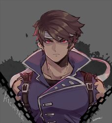 Rule 34 | 1boy, belt, blue coat, brown hair, castlevania: rondo of blood, castlevania (series), chain, character name, closed mouth, coat, collarbone, commentary request, dark persona, grey background, headband, kotorai, looking at viewer, male focus, red eyes, richter belmont, short hair, signature, solo, splatter, straight-on, torn clothes, torn sleeves, upper body, white headband