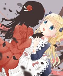 Rule 34 | 2girls, :o, abstract background, absurdres, apron, blonde hair, blue eyes, bow, commentary, dress, emilico (shadows house), eye contact, flower, grabbing another&#039;s chin, hair bow, hair flower, hair ornament, hand on another&#039;s chin, highres, kate (shadows house), light blush, long hair, looking at another, maid apron, multiple girls, open mouth, red dress, shadow people, shadows house, tsugumi (honya64), yuri