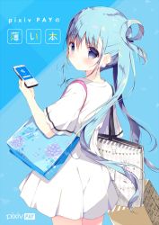 Rule 34 | 1girl, bag, blue background, blue eyes, blue hair, blue nails, blue theme, blush, cellphone, closed mouth, commentary request, dress, earrings, fingernails, hair between eyes, holding, holding bag, holding phone, jewelry, long hair, looking at viewer, looking back, nail polish, original, phone, pixiv, pixiv-tan, shiratama (shiratamaco), shopping bag, short sleeves, sidelocks, solo, twintails, two-tone background, very long hair, white dress