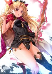 Rule 34 | 1girl, bare arms, bare legs, black dress, black leotard, black thighhighs, blonde hair, bow, breasts, cape, commentary request, dress, earrings, ereshkigal (fate), fate/grand order, fate (series), hair bow, hand up, highres, holding, holding weapon, jewelry, leotard, long hair, looking at viewer, medium breasts, microdress, multicolored cape, multicolored clothes, open mouth, parted bangs, purple cape, red bow, red cape, red eyes, shuutou haruka, simple background, single sleeve, single thighhigh, sleeveless, sleeveless dress, solo, thighhighs, tiara, weapon, white background