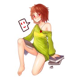 Rule 34 | &gt;:), 1girl, 3gs, amulet, bad id, bad pixiv id, book, brown hair, chara (undertale), fang, heart, highres, oversized clothes, red eyes, short hair, smile, solo, spoilers, striped clothes, striped sweater, sweater, undertale, v-shaped eyebrows