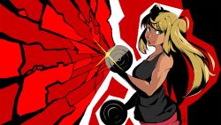 Rule 34 | 1girl, blonde hair, commentary, crack, dumbbell, dumbbell nan kilo moteru?, english commentary, exercising, green eyes, highres, looking at viewer, parody, persona, persona 5, sakura hibiki, solo, style parody, tan, triple-q, weightlifting
