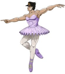 Rule 34 | 1boy, angry, armpits, arms up, ballerina, bare arms, bare shoulders, black hair, blue eyes, crossdressing, dress, foot up, frown, hat, jojo no kimyou na bouken, knee up, kuujou joutarou, leggings, male focus, muscular, muscular male, outstretched arms, pantyhose, photo-referenced, pointing, purple dress, purple footwear, simple background, skirt, solo, spread arms, standing, standing on one leg, stardust crusaders, transparent background, what, white background, white leggings