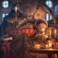 Rule 34 | 1girl, black dress, black gloves, blonde hair, blue eyes, blush, book, candle, candlestand, collarbone, couch, cup, dress, elbow gloves, gloves, high heels, highres, holding, holding book, looking at viewer, lying, on back, open book, original, parted lips, plate, quill, shoichi (ekakijin), smile, solo, table, teacup