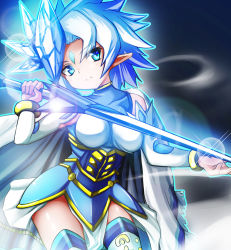 Rule 34 | 1girl, blue eyes, blue hair, breasts, cape, duel monster, female focus, furumeta, holding, holding weapon, matching hair/eyes, number 21 frozen lady justice, pointy ears, solo, sword, thighhighs, weapon, white cape, yu-gi-oh!, yuu-gi-ou, yu-gi-oh! duel monsters