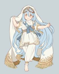Rule 34 | 1girl, age regression, ai-wa, azura (fire emblem), blue background, blue hair, child, dress, fire emblem, fire emblem fates, fire emblem heroes, full body, long hair, looking at viewer, nintendo, orange eyes, simple background, smile, solo, white dress, aged down