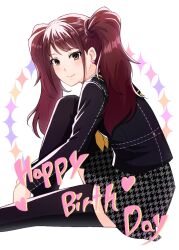 Rule 34 | 1girl, black jacket, black sailor collar, black thighhighs, blush, brown hair, closed mouth, earrings, english text, eyelashes, foot out of frame, from side, grey eyes, grey skirt, happy birthday, jacket, jewelry, knee up, kujikawa rise, kureha jhsh, leaning forward, long sleeves, looking at viewer, miniskirt, neckerchief, on ground, persona, persona 4, pleated skirt, sailor collar, school uniform, sidelocks, sitting, skirt, smile, solo, stud earrings, swept bangs, thighhighs, thighs, twintails, white background, yasogami school uniform, yellow neckerchief, zettai ryouiki