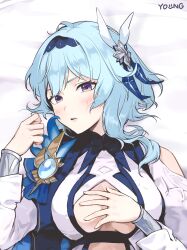 Rule 34 | 1girl, absurdres, bed sheet, blue hair, blush, eula (genshin impact), frown, genshin impact, hair ornament, hand on own chest, highres, long hair, long sleeves, looking at viewer, on bed, open mouth, purple eyes, solo, teeth, upper body, upper teeth only, vambraces, y0ung