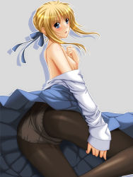 Rule 34 | 1girl, ahoge, artoria pendragon (all), artoria pendragon (fate), ass, bad id, bad pixiv id, black pantyhose, blonde hair, blue eyes, chiro, crotch seam, fate/stay night, fate (series), flat chest, nipples, open mouth, panties, panties under pantyhose, pantyhose, saber (fate), simple background, small nipples, solo, type-moon, underwear, white panties