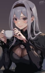Rule 34 | 1girl, alternate costume, artist logo, black dress, black hairband, breasts, cleavage, commentary request, cup, dress, grey background, hairband, haruto (harut n), kantai collection, large breasts, lips, one-hour drawing challenge, shoukaku (kancolle), smile, solo, teacup, upper body