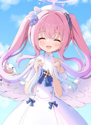 Rule 34 | 1girl, :d, ^ ^, aged down, alternate hairstyle, angel wings, azel (laevateinn495), blue archive, blue bow, blue bowtie, blue sky, blunt bangs, bow, bowtie, capelet, closed eyes, cloud, cloudy sky, commentary request, dress, feathered wings, flower, gradient hair, hair flower, hair ornament, hair scrunchie, halo, highres, long hair, looking at viewer, mika (blue archive), multicolored hair, open mouth, outdoors, oversized clothes, pink hair, school uniform, scrunchie, sidelocks, sky, smile, solo, twintails, two-tone hair, white capelet, white dress, white wings, wings