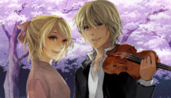 Rule 34 | 1boy, 1girl, blonde hair, bow, brother and sister, hair bow, instrument, kagamine len, kagamine rin, short hair, siblings, smile, twins, violin, vocaloid, yucco