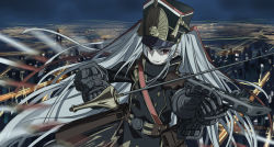 Rule 34 | 10s, 1girl, altair (re:creators), buttons, double-breasted, gauntlets, grey hair, grin, gun, hat, highres, holding, holding sword, holding weapon, military, military uniform, night, outdoors, parted lips, peaked cap, ppsh-41, rapier, re:creators, red eyes, sidelocks, smile, solo, submachine gun, sword, two side up, uniform, upper body, weapon, wu lun wujin