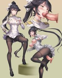 Rule 34 | 1boy, 1girl, azur lane, black hair, black pantyhose, blush, breasts, breasts out, clothed sex, criss-cross halter, disembodied penis, fellatio, gloves, hair ribbon, halterneck, hetero, long hair, military, military uniform, multiple persona, nipples, open mouth, oral, pantyhose, penetration through clothes, penis, ponytail, ribbon, saliva, sex, shiny skin, takao (azur lane), terufuu, uncensored, uniform, vaginal, very long hair, white gloves, white ribbon, yellow eyes