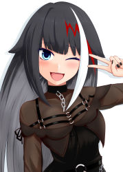 Rule 34 | 1girl, ;d, absurdres, asuto3, azur lane, belt, black hair, blue eyes, blunt bangs, blush, chain, commentary request, covered collarbone, deutschland (azur lane), deutschland (demon princess&#039; dark hour banquet) (azur lane), hair flaps, highres, long hair, looking at viewer, multicolored hair, official alternate costume, one eye closed, open mouth, sidelocks, simple background, smile, solo, v, white background