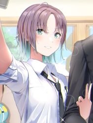 Rule 34 | 1boy, 1girl, ahoge, aqua hair, asakura toru, black neckwear, blush, breast pocket, collared shirt, gradient hair, green eyes, idolmaster, idolmaster shiny colors, indoors, lens flare, looking at viewer, multicolored hair, necktie, outstretched arm, parted bangs, parted lips, pocket, purple hair, selfie, shaka (staito0515), shirt, short sleeves, smile, solo focus, upper body, v, white shirt, window, wing collar