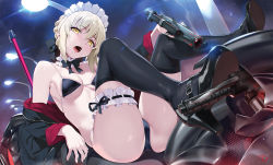 Rule 34 | 1girl, artist name, artoria pendragon (all), artoria pendragon (alter swimsuit rider) (fate), artoria pendragon (alter swimsuit rider) (second ascension) (fate), artoria pendragon (fate), ass, bare shoulders, bikini, black bikini, black footwear, black jacket, black thighhighs, braid, breasts, bridal garter, cleavage, commentary, crown braid, fate/grand order, fate (series), foreshortening, french braid, gun, handgun, head tilt, high heels, highres, holding, holding gun, holding weapon, jacket, lamppost, looking at viewer, maid headdress, mary janes, medium breasts, motor vehicle, motorcycle, night, off shoulder, open clothes, open jacket, open mouth, outdoors, revision, ribbon trim, saber alter, shoes, short hair, signature, small breasts, solo, swimsuit, thighhighs, weapon, yd (orange maru), yellow eyes
