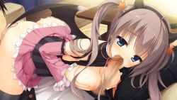 Rule 34 | 1girl, 69, ass, ass grab, blue eyes, blush, breasts squeezed together, breasts, carpet, censored, demon wings, fellatio, game cg, grey hair, kobuichi, large breasts, legs, long hair, lying, muririn, nipples, on stomach, oral, paizuri, penis, sanoba witch, shiiba tsumugi, skirt, table, thighs, twintails, wings