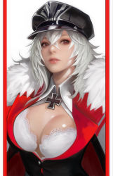 Rule 34 | 1girl, azur lane, black jacket, border, bra, breasts, cape, cleavage, collared shirt, cross, crossed bangs, frostce, fur-trimmed cape, fur trim, graf zeppelin (azur lane), hair between eyes, hat, highres, iron cross, jacket, large breasts, long hair, looking at viewer, messy hair, military, military uniform, parted lips, peaked cap, red eyes, shirt, silver hair, smile, solo, underwear, uniform, upper body, white background, white bra