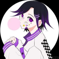 Rule 34 | 1boy, bandaid, bandaid on face, bandaid on nose, black background, black hair, checkered clothes, checkered jacket, chewing gum, clenched hands, danganronpa (series), danganronpa v3: killing harmony, from side, hair ornament, hairclip, hands up, heart, heechinnnom (bag-yunli), highres, jacket, long sleeves, looking at viewer, male focus, oma kokichi, pink jacket, purple hair, short hair, solo, sticker, white background, white jacket, x hair ornament