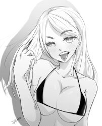 Rule 34 | 1girl, arm tattoo, artist name, bikini, breasts, commentary, greyscale, highres, jellymation, large breasts, long hair, micro bikini, monochrome, raised eyebrow, real life, signature, solo, swimsuit, tattoo, tongue, tongue out, upper body
