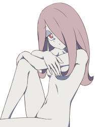 Rule 34 | 1girl, breasts, bright pupils, closed mouth, collarbone, completely nude, crossed arms, expressionless, feet out of frame, flipped hair, hair over one eye, little witch academia, long hair, looking at viewer, navel, nude, one eye covered, pink eyes, pink hair, satochi, sidelocks, simple background, sitting, small breasts, solo, straight hair, sucy manbavaran, white background, white pupils