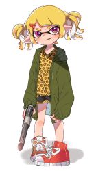 Rule 34 | 1girl, animal print, bad id, bad twitter id, black shorts, blonde hair, blunt bangs, cross-laced footwear, dolphin shorts, drawstring, freckles, full body, green jacket, gym shorts, hair ornament, hairclip, head tilt, holding, holding weapon, hood, hoodie, inkling, inkling girl, inkling player character, jacket, leopard print, looking at viewer, maco spl, n-zap (splatoon), nintendo, open clothes, open jacket, orange shirt, parted lips, pointy ears, print shirt, red eyes, red footwear, shadow, shirt, shoes, short hair, short shorts, short twintails, shorts, simple background, smirk, sneakers, solo, splatoon (series), splatoon 2, standing, tentacle hair, twintails, weapon, white background