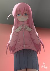 Rule 34 | 1girl, absurdres, aleuz91, blue eyes, blush, bocchi the rock!, commentary, from below, gotoh hitori, grey skirt, half-closed eyes, hands up, highres, index fingers together, indoors, jacket, light, long hair, long sleeves, looking at viewer, pink hair, pink jacket, pleated skirt, seductive smile, shadow, side ahoge, sidelocks, signature, simple background, skirt, smile, solo, track jacket