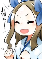 Rule 34 | 10s, 1girl, asakaze (kancolle), blue bow, bow, brown hair, clenched hand, close-up, dai yasude, closed eyes, forehead, hair bow, hair ribbon, happy, japanese clothes, kantai collection, long hair, meiji schoolgirl uniform, open mouth, ribbon, sidelocks, smile, solo, upper body, wavy hair
