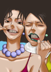 Rule 34 | 2girls, absurdres, afro, bead necklace, beads, black eyes, black hair, closed eyes, earrings, family, highres, jewelry, kiwi (one piece), lipstick, looking at viewer, makeup, mos (one piece), multiple girls, navel, necklace, nyankoromochi, one piece, pearl necklace, siblings, sisters