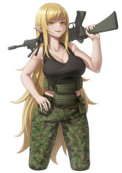 Rule 34 | 1girl, army uniform, artist request, assault rifle, blonde hair, breasts, camouflage, cleavage, fang, female focus, food, gun, gun over shoulder, hand on own hip, highres, holding, holding food, kiss-shot acerola-orion heart-under-blade, kizumonogatari, large breasts, long hair, looking at viewer, matching hair/eyes, monogatari (series), oshino shinobu, pants, pointy ears, pouch bags, rifle, smile, solo, standing, tank top, vampire, very long hair, weapon, yellow eyes