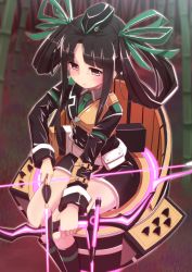 Rule 34 | 1girl, arrow (projectile), black hair, bow (weapon), hair ribbon, hat, kaguyahime (mary skelter), mary skelter, mizunashi (second run), quiver, ribbon, solo, twintails, weapon, yellow eyes