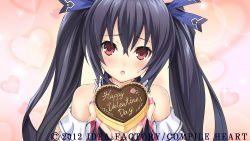 Rule 34 | 10s, 1girl, 2012, :o, bare shoulders, black hair, blush, bow, candy, chocolate, chocolate heart, company name, detached collar, english text, food, gradient background, hair bow, hair ornament, hair ribbon, happy valentine, heart, heart background, lens flare, long hair, looking at viewer, neptune (series), noire (neptunia), official art, red eyes, ribbon, solo, sweatdrop, tsunako, twintails, upper body, valentine, watermark