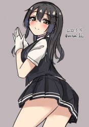 Rule 34 | 1girl, black hair, black skirt, black vest, blouse, cowboy shot, dated, dress shirt, gloves, grey background, grey eyes, hair ornament, hairclip, highres, kantai collection, looking at viewer, one-hour drawing challenge, own hands together, oyashio (kancolle), school uniform, shirt, short sleeves, simple background, skirt, smile, solo, twitter username, vest, wasumi kei, white gloves, white shirt