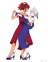 Rule 34 | 2girls, absurdres, bare shoulders, black footwear, black hairband, blue dress, blue footwear, collarbone, commentary request, dancing, dated, dress, eye contact, face-to-face, from side, full body, green eyes, grey eyes, grey hair, gundam, gundam suisei no majo, hair up, hairband, high heels, highres, looking at another, miorine rembran, multiple girls, ponytail, profile, red dress, red hair, smile, suletta mercury, sweat, takatisakana, white background, yuri
