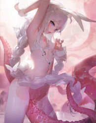 Rule 34 | 1girl, absurdres, animal ears, arm up, armpits, azur lane, bra, braid, breast milk, breasts, commentary request, cowboy shot, cupless bra, fake animal ears, female ejaculation, heart, heart-shaped pupils, highres, le malin (azur lane), le malin (listless lapin) (azur lane), leiq, long hair, navel, nipple pull, nipple stimulation, nipple tweak, nipples, official alternate costume, open mouth, pantyhose, purple eyes, pussy, pussy juice, rabbit ears, saliva, silver hair, small breasts, solo, standing, stomach, symbol-shaped pupils, tentacles, torn clothes, torn pantyhose, twin braids, underwear, very long hair, white pantyhose, wrist cuffs