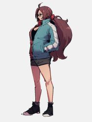 Rule 34 | 1girl, android 21, black footwear, black shorts, blue jacket, breasts, cleavage, dragon ball, dragon ball fighterz, full body, glasses, grey background, hand in pocket, jacket, kemachiku, long hair, looking away, ponytail, red hair, shoes, shorts, simple background, solo, standing