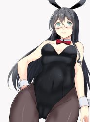 Rule 34 | 1girl, alternate costume, animal ears, black hair, black leotard, black pantyhose, bow, bowtie, breasts, cameltoe, cowboy shot, detached collar, fake animal ears, from below, gin&#039;ichi (akacia), glasses, green eyes, kantai collection, leotard, long hair, looking at viewer, ooyodo (kancolle), pantyhose, playboy bunny, rabbit ears, red bow, red bowtie, semi-rimless eyewear, simple background, small breasts, solo, strapless, strapless leotard, white background, wrist cuffs