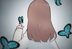 Rule 34 | 1girl, animal, brown hair, bug, butterfly, from behind, gradient background, holding, holding animal, hololive, hololive fantasy, indie utaite, indie virtual youtuber, insect, long hair, looking away, mikeneko (vtuber), mikeneko (vtuber) (old design), niconico, original, sad, sakana (saka11205), sweater, upper body, uruha rushia, virtual youtuber, voice actor connection, white background