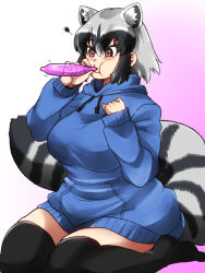 Rule 34 | 1girl, alternate costume, animal ears, black hair, black thighhighs, breasts, brown eyes, commentary request, common raccoon (kemono friends), condom, curvy, drawstring, extra ears, eyelashes, grey hair, hair between eyes, hands up, highres, holding, holding condom, hood, hood down, isna (footprintsofisna), kemono friends, large breasts, long sleeves, medium hair, multicolored hair, over-kneehighs, puffy cheeks, raccoon ears, raccoon girl, raccoon tail, sidelocks, sitting, sleeves past wrists, solo, squiggle, tail, taut clothes, thighhighs, tsurime, wariza, white hair, you&#039;re doing it wrong, zettai ryouiki