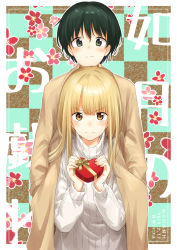 Rule 34 | &gt;:), 2girls, absurdres, aran sweater, bad id, bad pixiv id, black eyes, black hair, blonde hair, blush, box, brown coat, brown eyes, cable knit, checkered background, coat, cover, cover page, flower, gift, hands in pockets, heart-shaped box, highres, holding, holding gift, long hair, long sleeves, looking at viewer, multiple girls, original, sakurano itsuki, short hair, sweater, trench coat, turtleneck, turtleneck sweater, white sweater, yuri