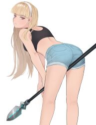 Rule 34 | 1girl, ass, bare arms, bare shoulders, bent over, between thighs, blonde hair, blue shorts, blunt bangs, breasts, claire volikova, denim, denim shorts, earrings, feet out of frame, from behind, hairband, highres, holding, holding polearm, holding weapon, jewelry, jourd4n, kneepits, long hair, looking at viewer, looking back, original, parted lips, polearm, red eyes, short shorts, shorts, simple background, small breasts, solo, spear, standing, very long hair, weapon, white background, white hairband