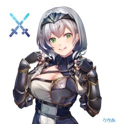 Rule 34 | 1girl, :p, armor, arpeggio kaga, belt, belt buckle, black armor, black gloves, blue collar, braid, breastplate, breasts, buckle, buttons, circlet, cleavage, cleavage cutout, clothing cutout, collar, fingerless gloves, gloves, gold trim, highres, hololive, large breasts, medium hair, shirogane noel, shirogane noel (1st costume), shoulder armor, signature, solo, sword, tongue, tongue out, upper body, virtual youtuber, weapon, white background, white hair, wrist guards