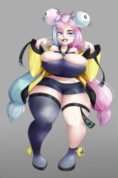 Rule 34 | 1girl, absurdres, blue hair, breasts, creatures (company), curvy, female focus, full body, game freak, gen 1 pokemon, highres, huge breasts, iono (pokemon), long hair, magnemite, midriff, multicolored hair, navel, nintendo, pink hair, pokemon, pokemon sv, sharp teeth, skindentation, solo, teeth, theomegagod, thick thighs, thighs, two-tone hair, wide hips